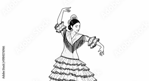 Sketch of a woman in a ruffled dress dancing with arms raised