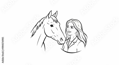 Sketch of a woman with long hair smiling next to a horse head