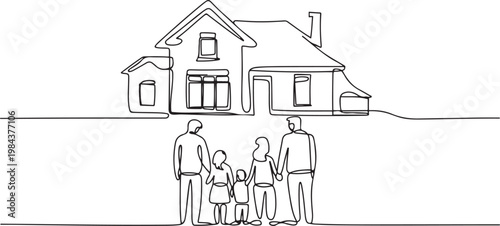 continuous line of the family's dream house. one line drawing of the family looking at the dream house. one line Icon drawing