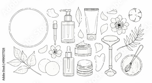 Sketch of assorted skincare products, floral elements, and massage tools