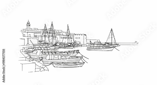 Sketch of boats moored in a harbor with buildings and a minaret