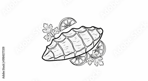 Sketch of grilled fish fillet with lemon slices and parsley