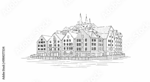 Sketch of historic waterfront buildings with tiered roofs and windows on a white background