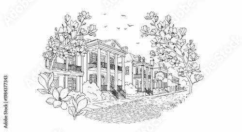 Sketch of historic buildings framed by blooming magnolia trees and birds