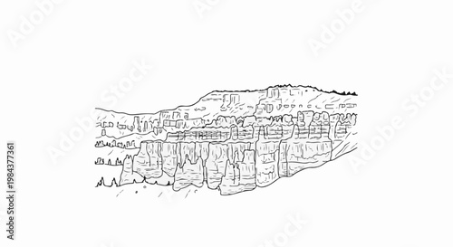 Sketch of layered rock formations with jagged edges and shadows, suggesting canyons