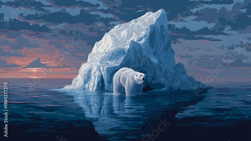 Polar bear swimming in ocean water surrounded by melting iceberg highlighting climate change impact