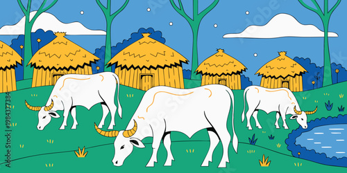Funny cartoon illustration of farm animals including a cow, sheep, horse, and pig in a sunny green meadow landscape with trees under a blue sky.