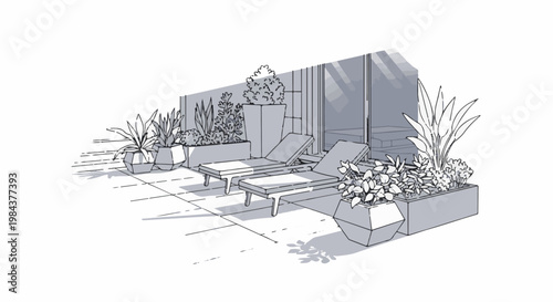 Sketch of lounge chairs and potted plants on a tiled patio