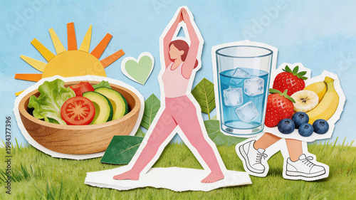 Health and wellness lifestyle collage with woman exercising fitness yoga between healthy fruit and vegetable nutrition