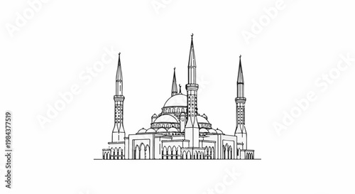Sketch of a grand mosque with domes and minarets, rendered in black ink