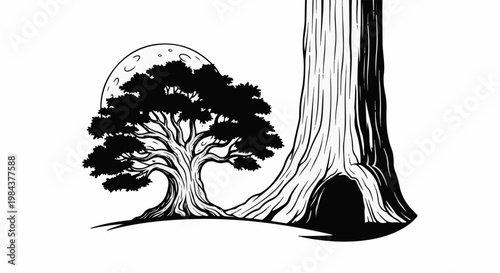 Silhouetted trees, one with a hollow, against a moonlit sky