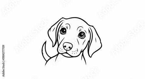 Simple line art drawing of a curious dog's face with large expressive eyes and floppy ears