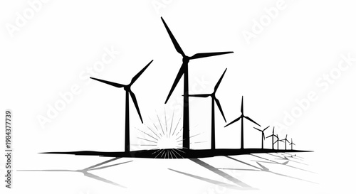 Silhouetted wind turbines stand against a bright sun with cast shadows