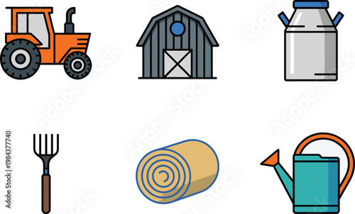 Farm Equipment Icon Set with Tractor, Barn, Milk Can, Pitchfork, Hay Bale, and Watering Can for Agriculture Design, Rural Tools, and Farming Graphics