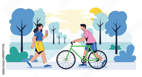 People Relaxing in City Park for Summer Urban Lifestyle Banner, Flat Vector Illustration of Woman Walking and Man with Bicycle in Nature