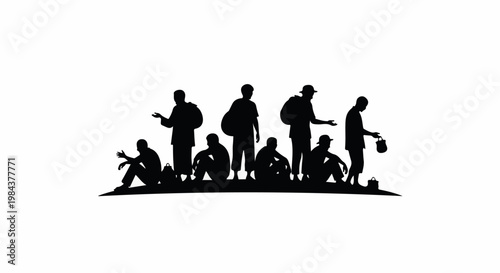 Silhouettes of people gathered, some sitting, some standing, with bags