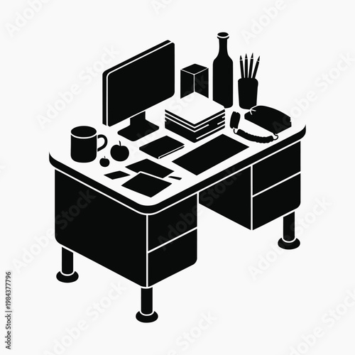 Isometric black silhouette of a cluttered office desk with computer and telephone keyboard