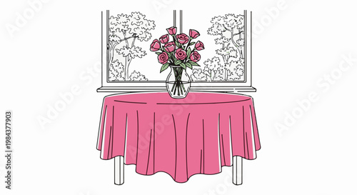 Rose bouquet in glass vase on round pink tablecloth, window view