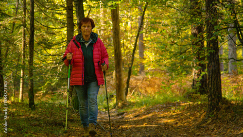 Konstfotografi COPY SPACE: Elderly woman listens to music while exploring the lush forest