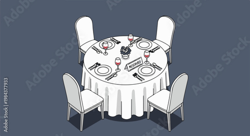Round table set for dining with white chairs and a reserved sign