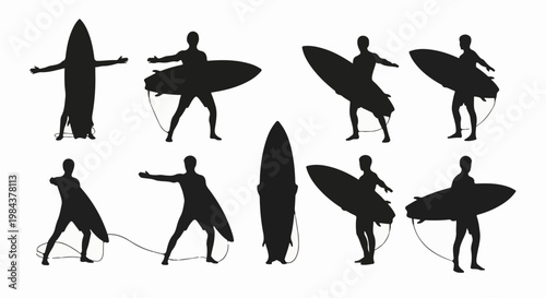 Silhouettes of surfers with surfboards in various poses