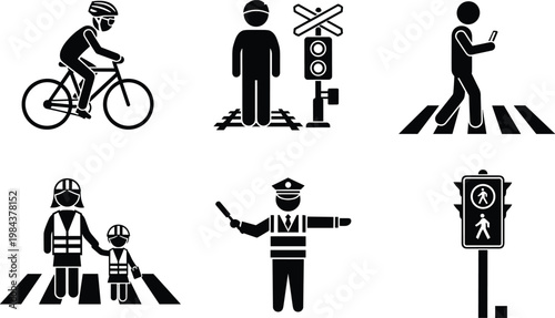 Road safety silhouette icon illustration, pedestrian awareness artwork, cycling safety design, traffic control graphic, railway crossing symbol, walking emblem