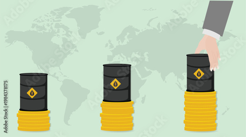 Fuel price inflation concept with barrels and money stacks