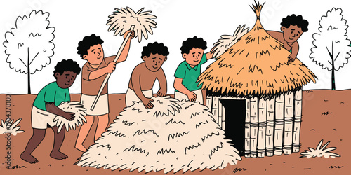 Tribal People Building Straw Hut Together Vector Illustration, Rural Village Life Concept.