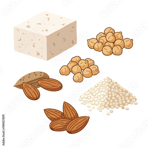 Food ingredients, nuts, cheese, and seeds, healthy eating, snack elements, vector icons isolated on White Background