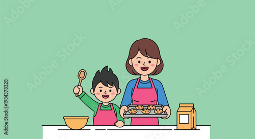 Mother and son baking cookies together wearing aprons at kitchen table with ingredients and tray of fresh baked goods.