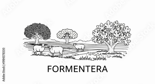 Rural landscape with sheep and trees, below is the word "FORMENTERA