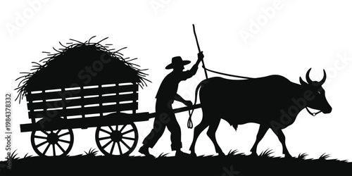 A cute vector illustration of a horse and rider beside a black and white dairy cow and livestock on an isolated farm nature background.
