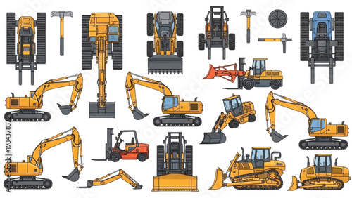 Various heavy machines and tools are shown in vector 2D CAD illustrations.