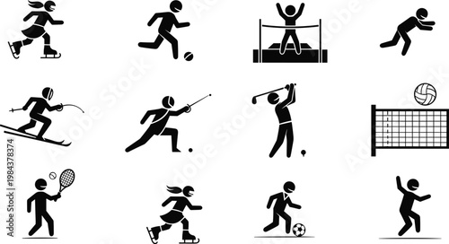 Sports activity silhouette icon illustration, athlete artwork, soccer design, tennis graphic, baseball emblem, skiing symbol, volleyball profile