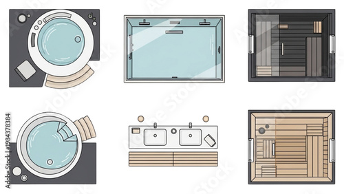 Vector 2D CAD designs showcase modern bathroom layouts and sauna vector 2D CAD