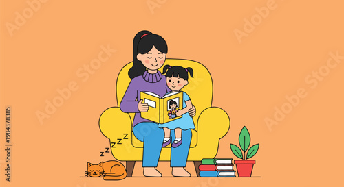 Woman reading book to toddler girl sitting on yellow armchair with sleeping cat in cozy home room.
