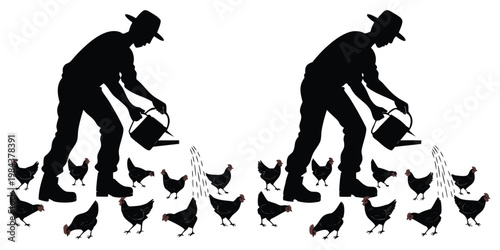 Farmer Feeding Chickens Silhouette Vector Illustration, Poultry Farming Concept.