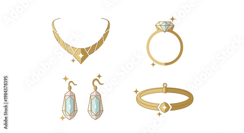 Golden jewelry collection featuring a tiara ring earrings and bracelet
