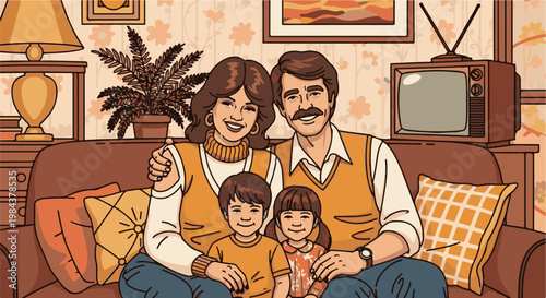 Retro family posing for a portrait in a cozy living room with a vintage television