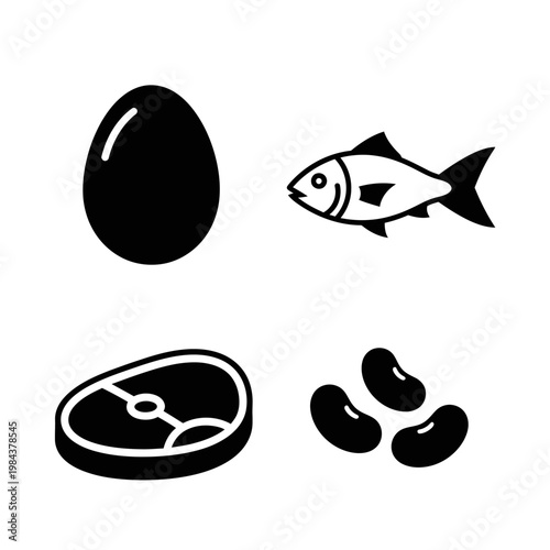 Food icons, seafood, meat, and legumes, black and white vector set isolated on White Background