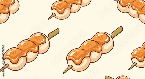 Repeating pattern of sweet dango on sticks, drizzled with a glossy sauce