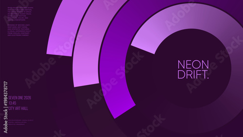 Purple neon circle event poster template with futuristic concentric rings and glossy radial shapes

