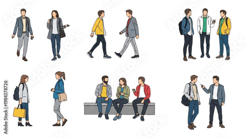 People walking and sitting in a vector 2D CAD illustration of city streets