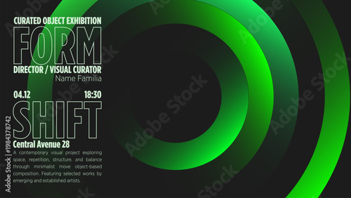Green circle exhibition poster background template with concentric rings and minimal gallery event style
