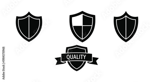 Three heraldic shields and a quality ribbon a black silhouette