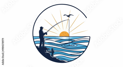 Silhouette of angler by ocean at sunrise with bird flying above