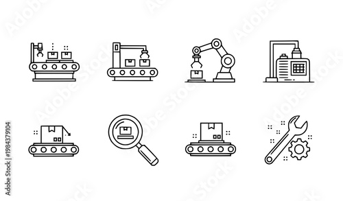 Manufacturing process linear icon set automation vector