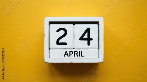 Wooden calendar with 24 april date on yellow background top view.
