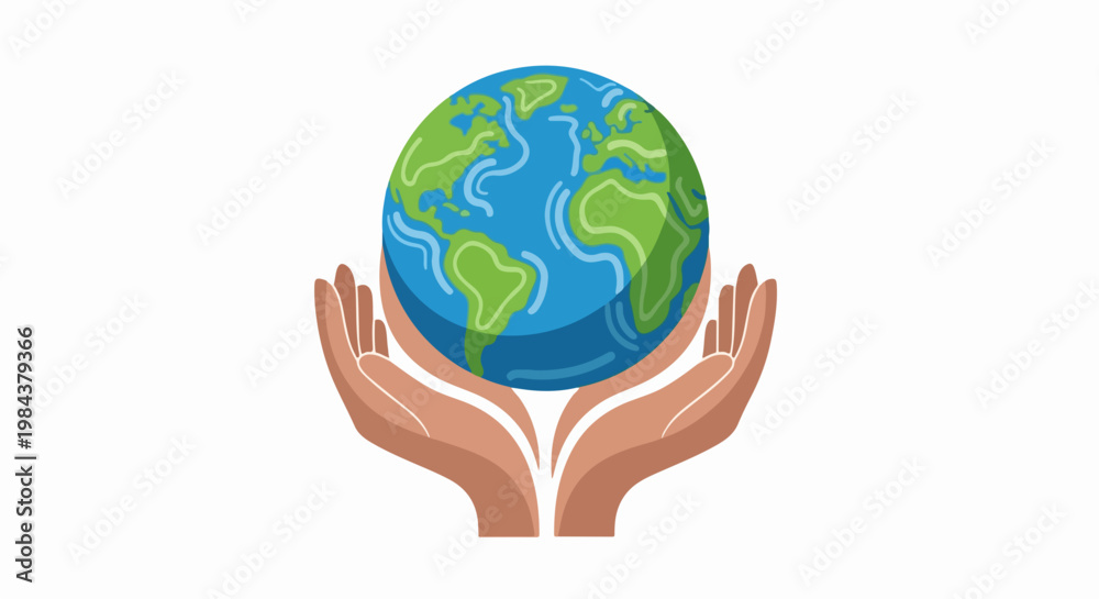 Fototapeta premium Hands holding planet earth vector illustration for global care and environmental protection concepts. Hands cradle world globe for conservation and sustainability themes.