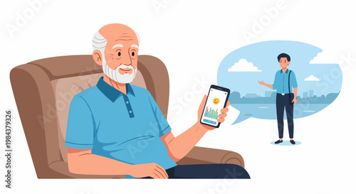 Senior man using smartphone for communication, vector illustration. Elderly person with mobile device, receiving message from younger man in speech bubble with cityscape background.